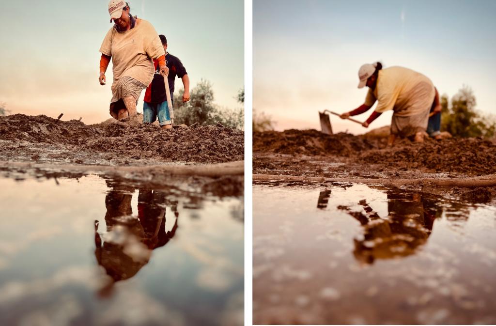 Two pictures. Both show the same Hispanic woman working in the mud with a hoe