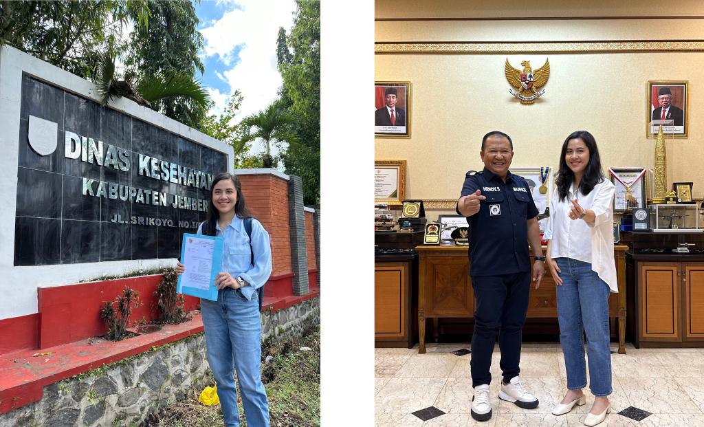 Two images. On the left, I stand before the Jember Health Department's signage, displaying the authorization letter for my research. Adjacent to this, on the right, is an image capturing the moment post-discussion with the Mayor of Jember, 