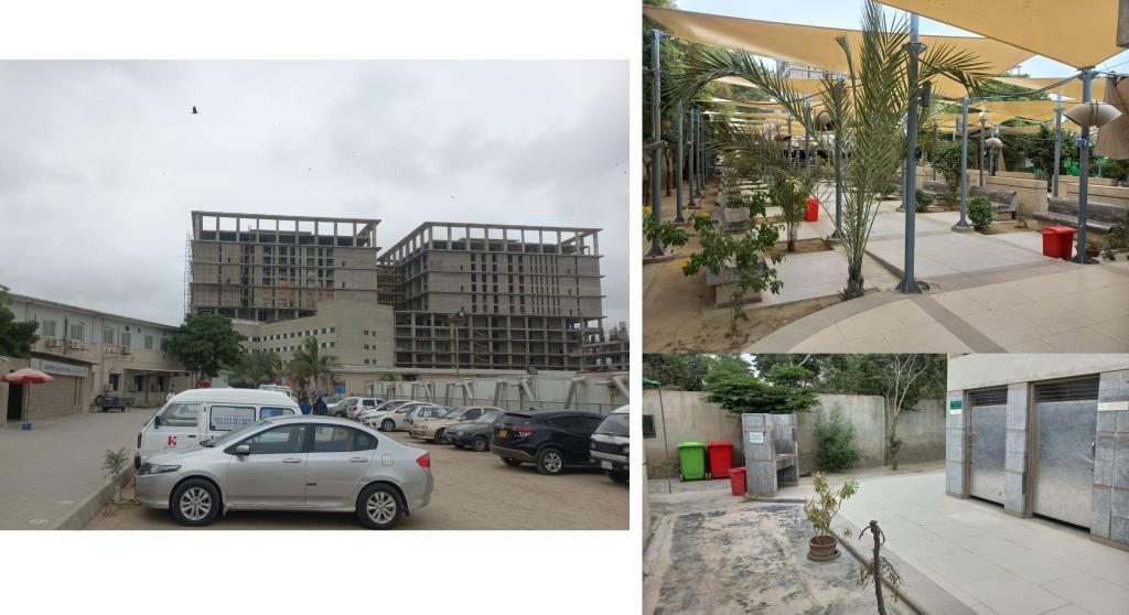 Photo on the left is of Indus Hospital, photo on the top right is of the TB clinic patient waiting area, and the photo on the bottom right is of the sputum collection area as well as the audiometry room