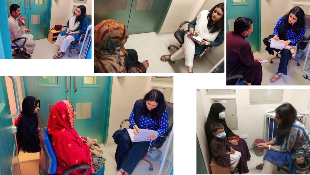 Multiple pictures of Sara interviewing various patients at the clinic
