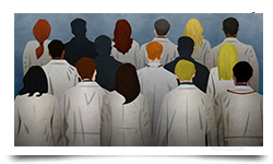 Cartoon: people in doctor-like white coats looking away from the audience