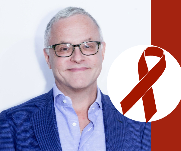 Headshot of Neal Baer (left); red ribbon of AIDS Remembrance Day (right)