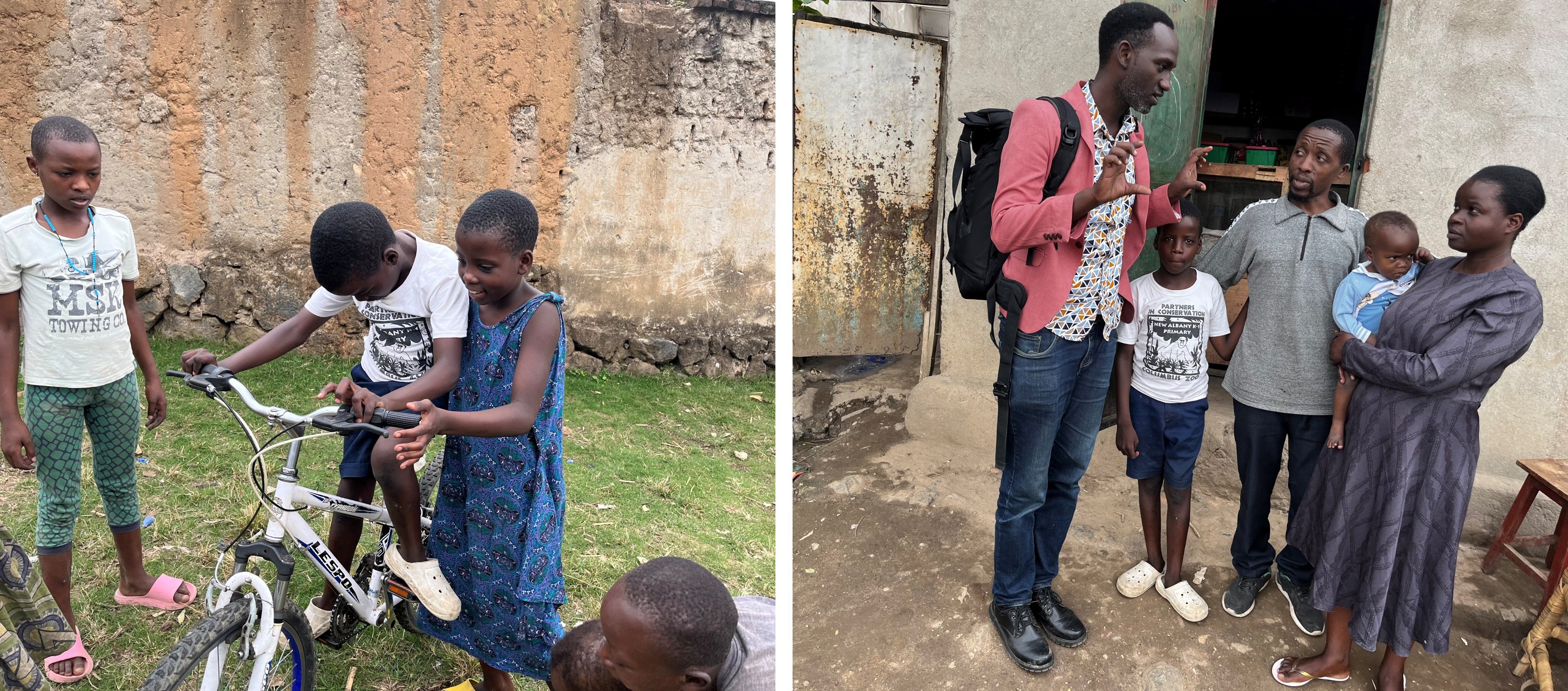 Two pictures. Left: A girl helps here brother with cerebral palsy ride a bike. Right: Alain talks to a family. Mother and father next to two boys, the older one looks at the camera and the young child is in his mother's arms. 