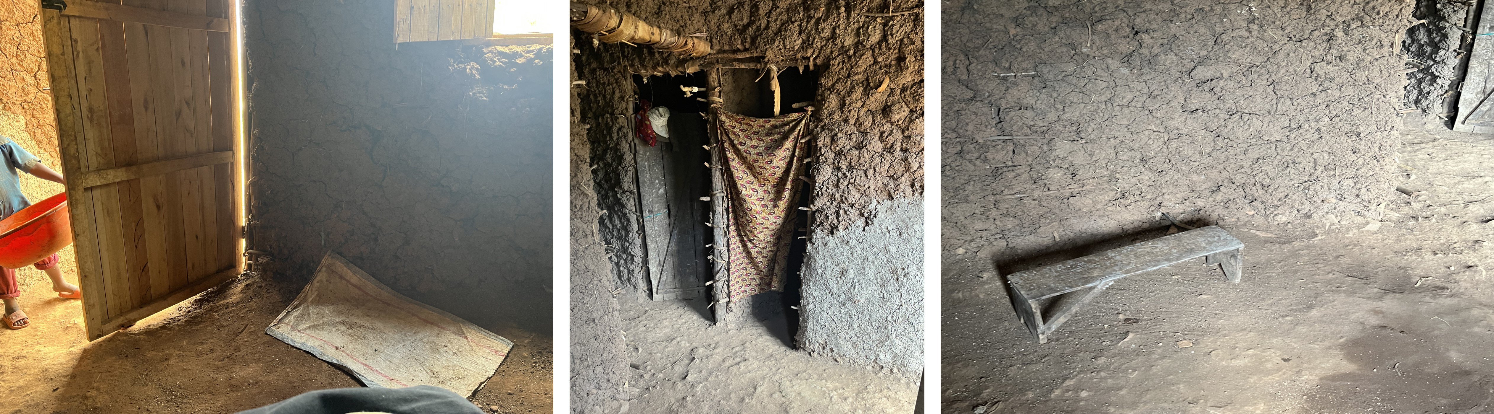 Three pictures. Each depicts a different part of a study participant's house in Rwanda.