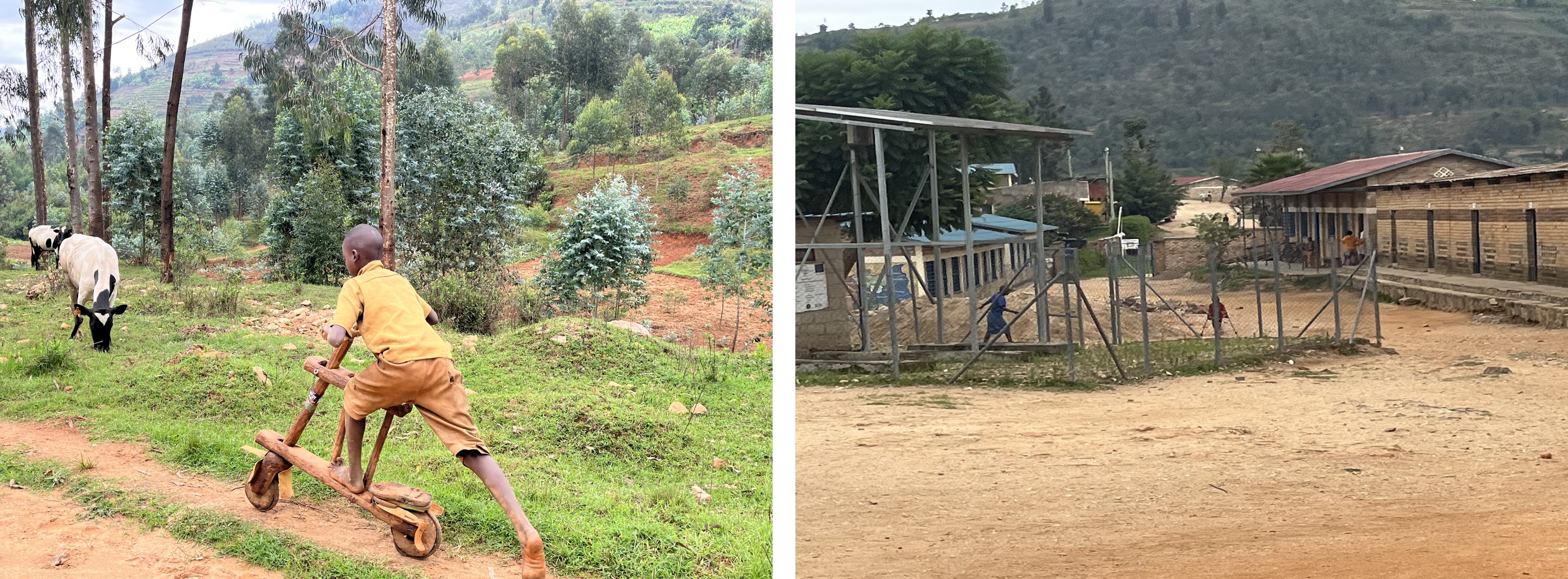 Two pictures. On the left is a child in Rwanda riding a wooden scooter down a dirt path. On the right is a child alone behind a metal fence.  