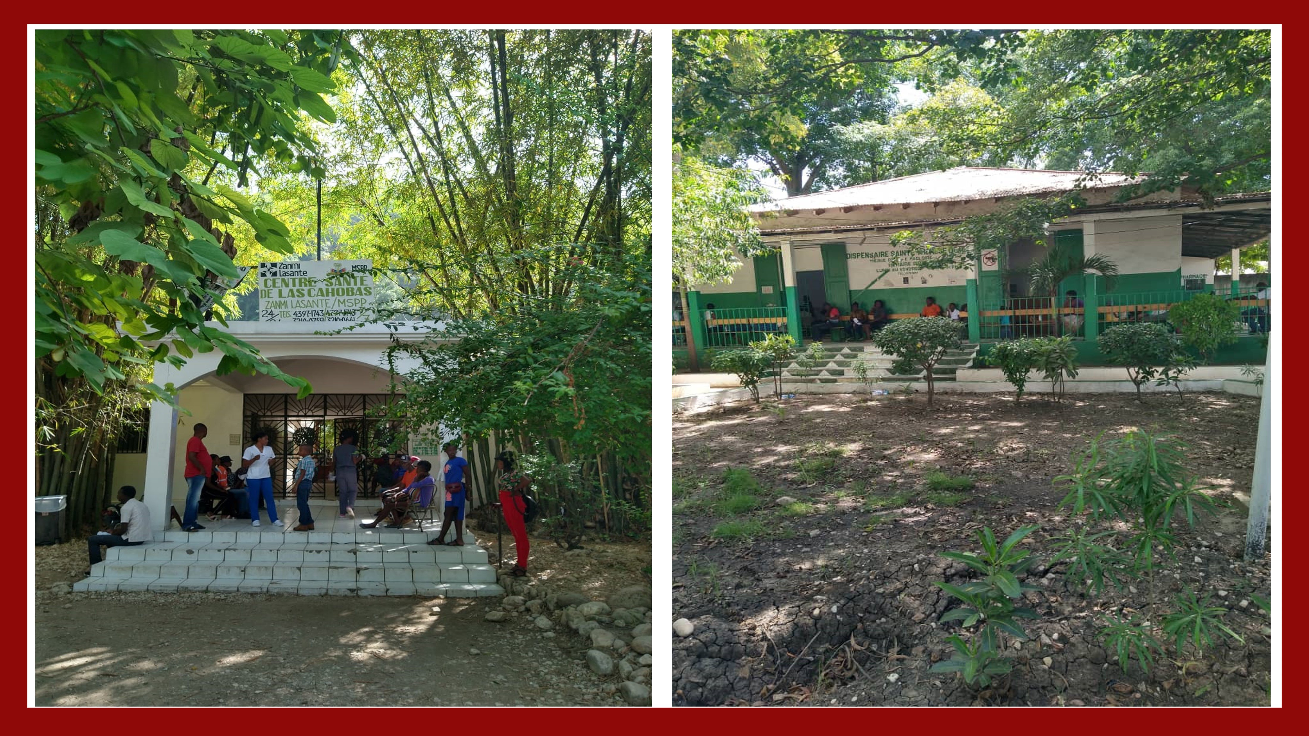 Two pictures of clinics in Haiti. Both are small buildings with people out front. Both buildings are in unpaved and heavily forested areas.