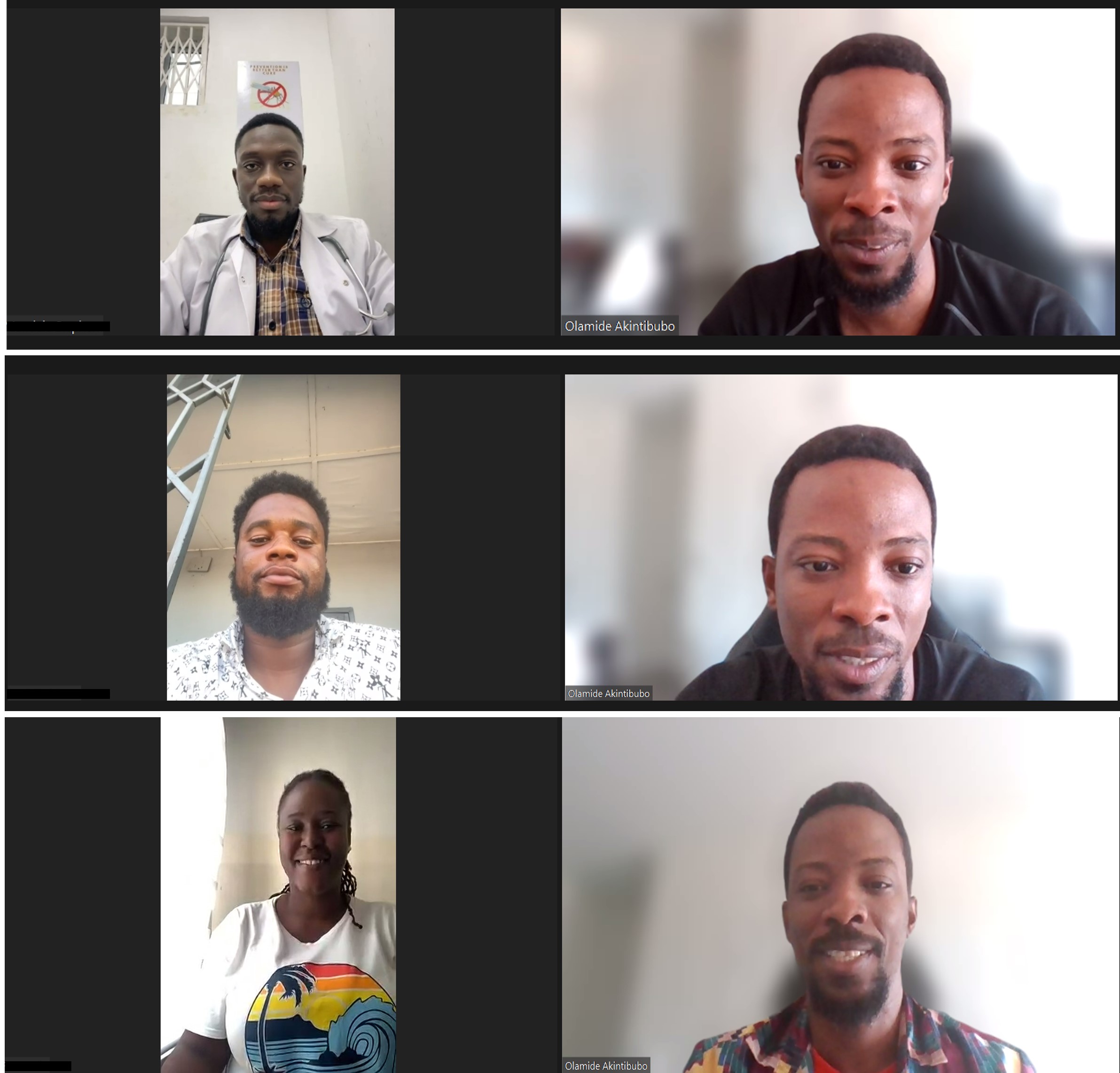 Pictures of 3 Zoom calls. Each has a research participant on the left and Olamide on the right. 
