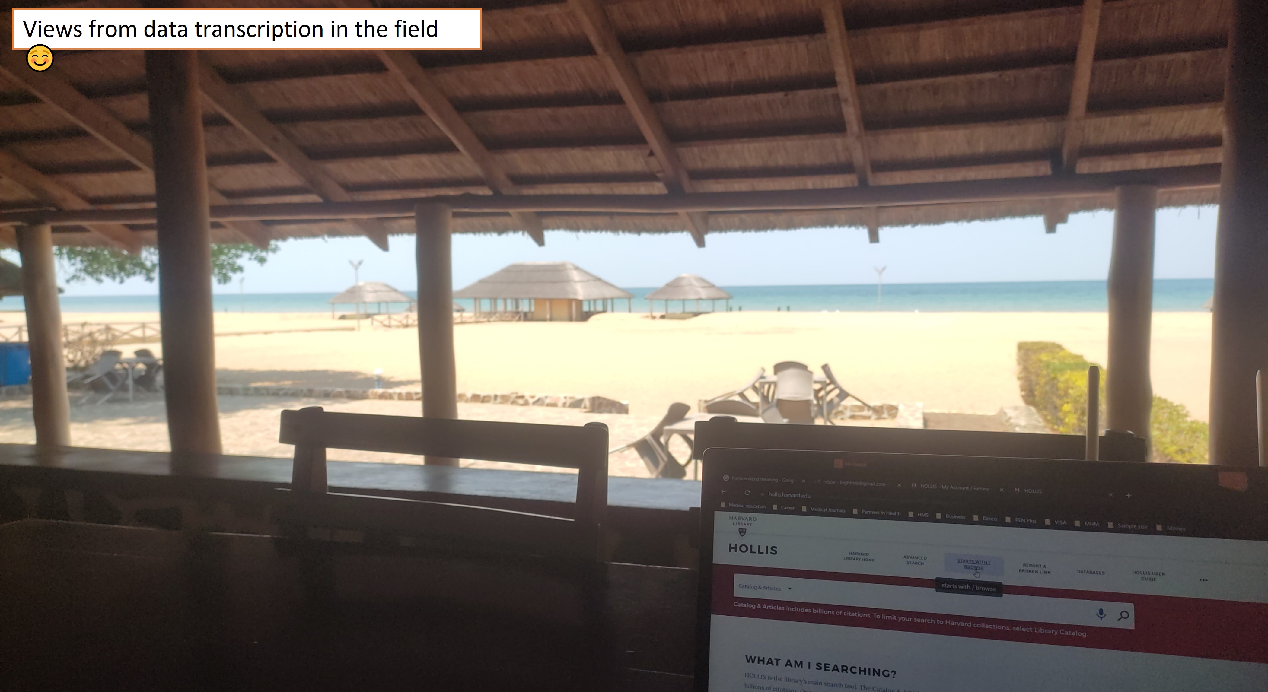 A computer screen with HOLLIS (Harvard Library website) open. A beautiful beach scene is in the background. A text box in the top left hand corner reads "Views from data transcription in the field ☺"