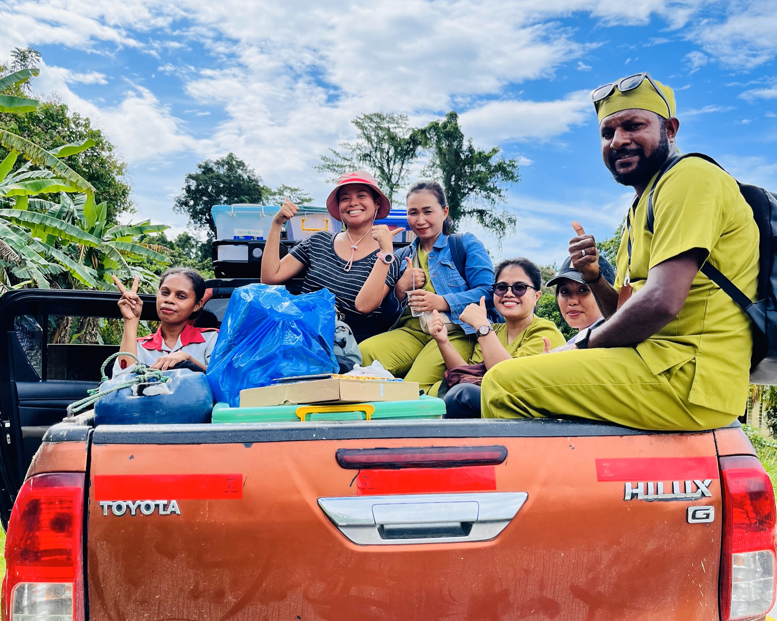 The student principal investigator and the team gathered for a photo after completing data collection. Due to the region's geographic isolation, they traveled using an off-road vehicle.