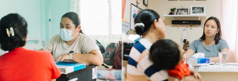 two women are interviewed by two other women in two side by side photos