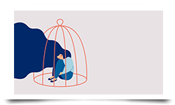 Decorative image of a person in a bird cage